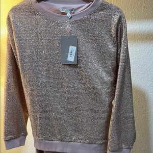 Pink Plush Crew Neck Sweater and Pants with Ribbed Trim